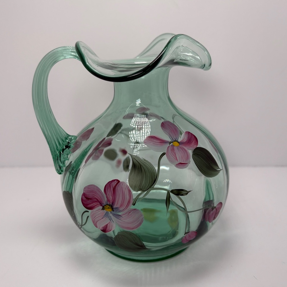 Fenton Sea Mist Green Water Pitcher Signed & Hand Painted M. Wagner Made In USA